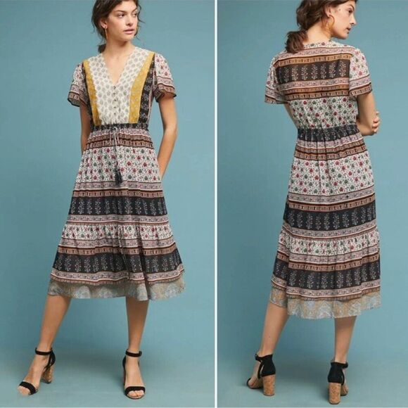 ANTHROPOLOGIE One September Provencal Midi Peasant Boho Dress Embroidered XS S - Picture 3 of 13